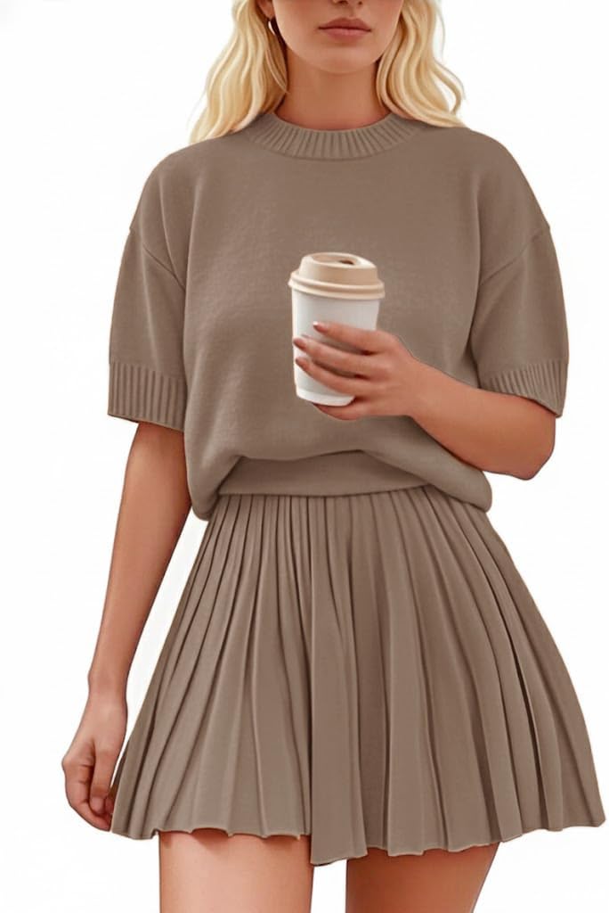 Womens 2 Piece Outfits 2026 Short Sleeve Crewneck Knit Tops And Pleated Mini Skirt Two Piece Sets Womens 2 Piece Outfits 2026 Short Sleeve Crewneck Knit Tops And Pleated Mini Skirt Two Piece Sets