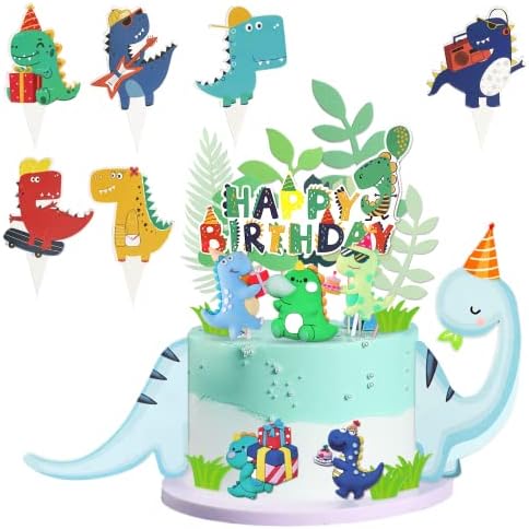 43 Pieces Dinosaur Cake Topper Decorations Dinosaur Cupcake Toppers Cute Dino Happy Birthday Cake Topper for Boys Baby Kids Birthday Party Supplies Favors