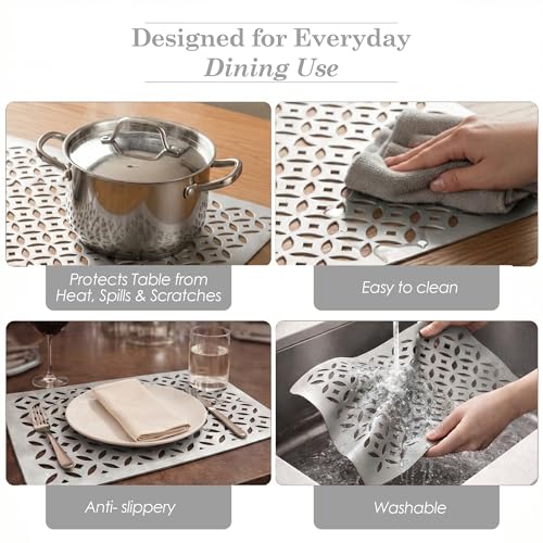 Image of Heart Home Leather Rectangular Table Mats Set of 6 | Washable Placemat /Dining Table Mat for Party, Wedding and Family Functions | Silver
