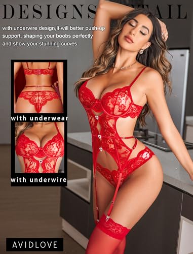Image of Avidlove Women's Underwire Lingerie Set with Garter Belt Sexy Lace Bodysuit Cut Out Rhinestone Teddy Lingerie (No Stockings)