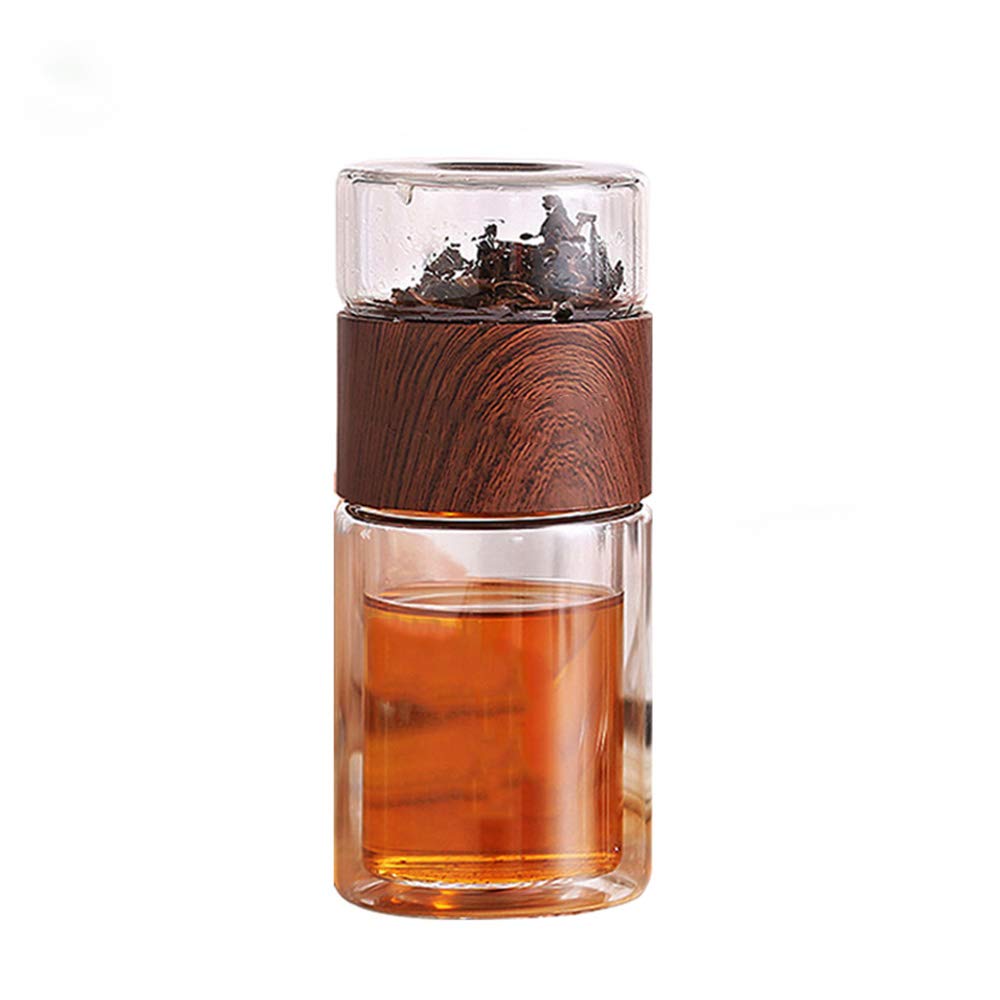KNDJSPR Double Glass Tea Infuser, 7 Oz Travel Cup, With Stainless Steel Mesh Filter, Used for Loose Leaf Tea, Fruit Tea Cold Coffee, Wood Grain Color