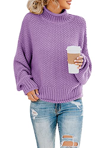 Saodimallsu Damen Rollkragen Oversized Pullover Fledermaus Langarm Pullover Sweatshirt Lose Grobstrick Casual Sweater Lila S