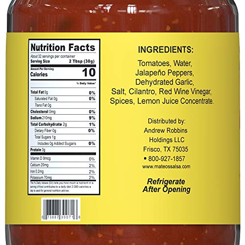 Mateo’s Gourmet Salsa - Medium Hot Spicy Salsa Dip For Tortillas, Tacos, Nachos, Chips, Snacks, Salads - No Gluten, Made Of Fresh Tomatoes & Jalapeno Peppers - Product Of Frisco, Texas - 32Oz Jar #TOP5