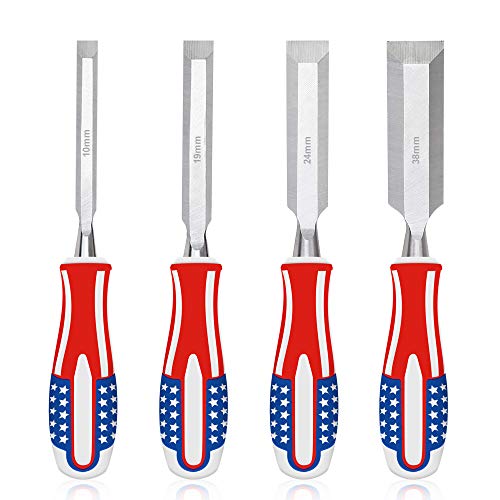 DOYOUDO Chisel Set Woodworking 4Pcs Wood Chisel Sets Professional, USA Flag Handle and Chrome Vanadium Stainless Steel Blade Carving Knife Carpentry Tools Kit 2/5 Inch 3/4 Inch 1 Inch 1-1/2 Inch