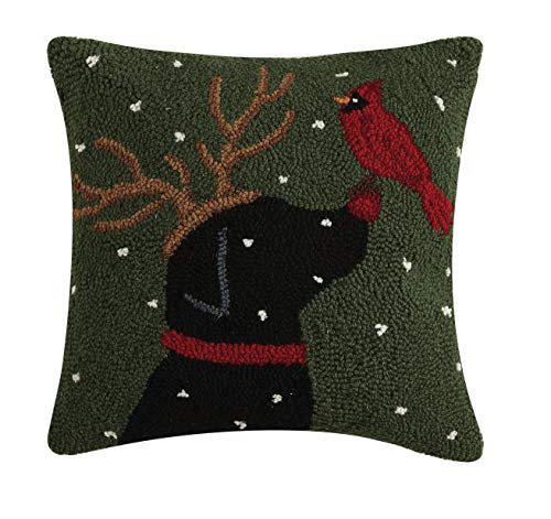 Peking Handicraft Black Lab Reindeer Dog Cardinal Christmas Hooked Wool Throw Pillow - 16' x 16'