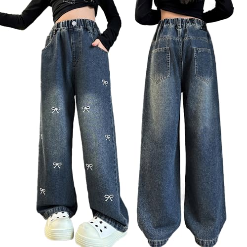 Tween Girls Baggy Jeans-Bow Embroidery Wide Leg Denim Pants with Pockets, Elastic Waistband Pants for Girls