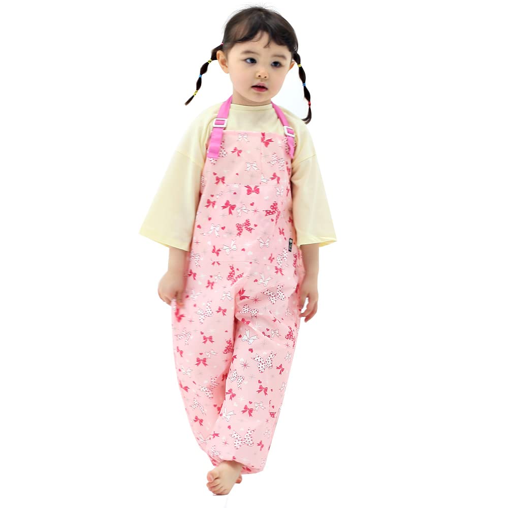 Kids Art Smock Dungaree Style, Lightweight Waterproof Painting Apron with Adjustable String, Quick-Dry Messy Play Overall for Boys Girls School Crafts, Pink Ribbon (38-L)