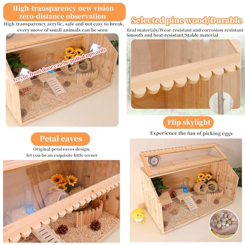 Jaula acrílica para animales pequeños con casa de madera y juguetes, diseño transparente para un fácil seguimiento, ideal para hámsters, hurones y ratas