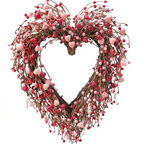 CIR OASES Valentine Heart Wreath for Front Door, 18” red & Pink Berries Wreath with Bow for Valentine’s Day Wedding Festival Decor