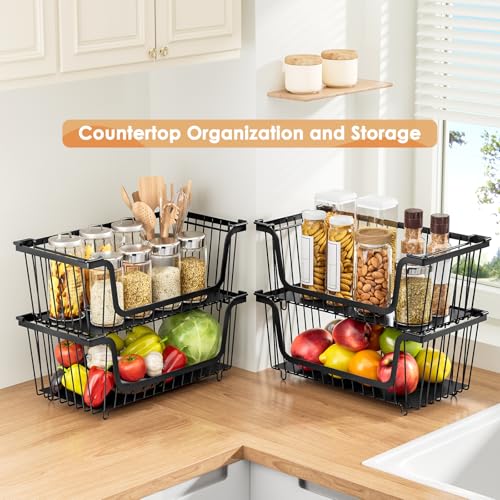4 Pcs Stackable Wire Baskets for Pantry Organizers and Storage,Kitchen Storage Metal Baskets,Produce Potato Onion Storage Bin,Vegetable Fruit Basket for Countertop,Black - image 2