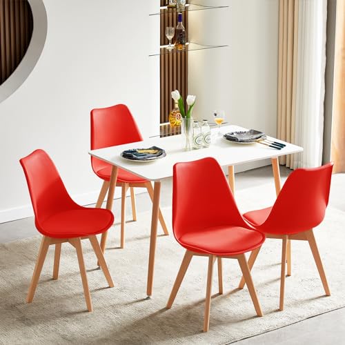 FURNITABLE Table à manger rectangulaire avec 4 chaises pour salon, cuisine, bureau (table blanche + 4 chaises rouges)