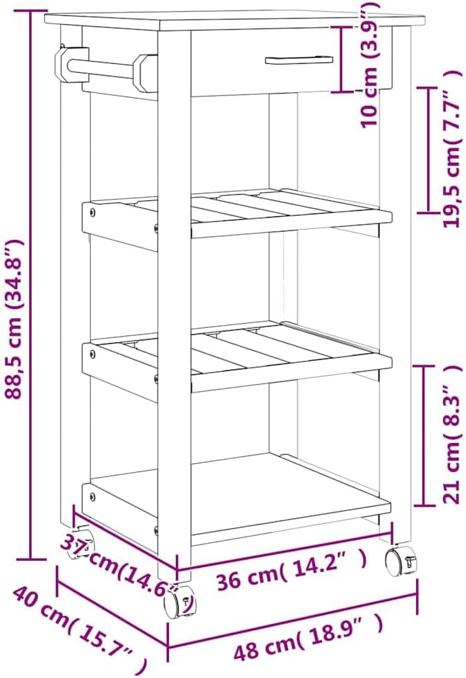 Kitchen Trolley Monza Solid Pine Wood Rolling Kitchen cart with Wheels 18.9"x15.7"x34.8" Kitchen Storage cart with Drawer and Metal Hooks Versatile Mobile cart