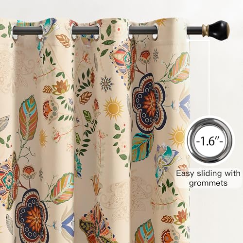 Image of XiDi Boho Blackout Beige Floral Curtains for Cafe Kitchen 54 Inches Long | 2 Panels Vintage Flower Patterned Curtain Thermal Soundproof Grommet Window Treatments Drapes for Bedroom Living Room 52Wx54L