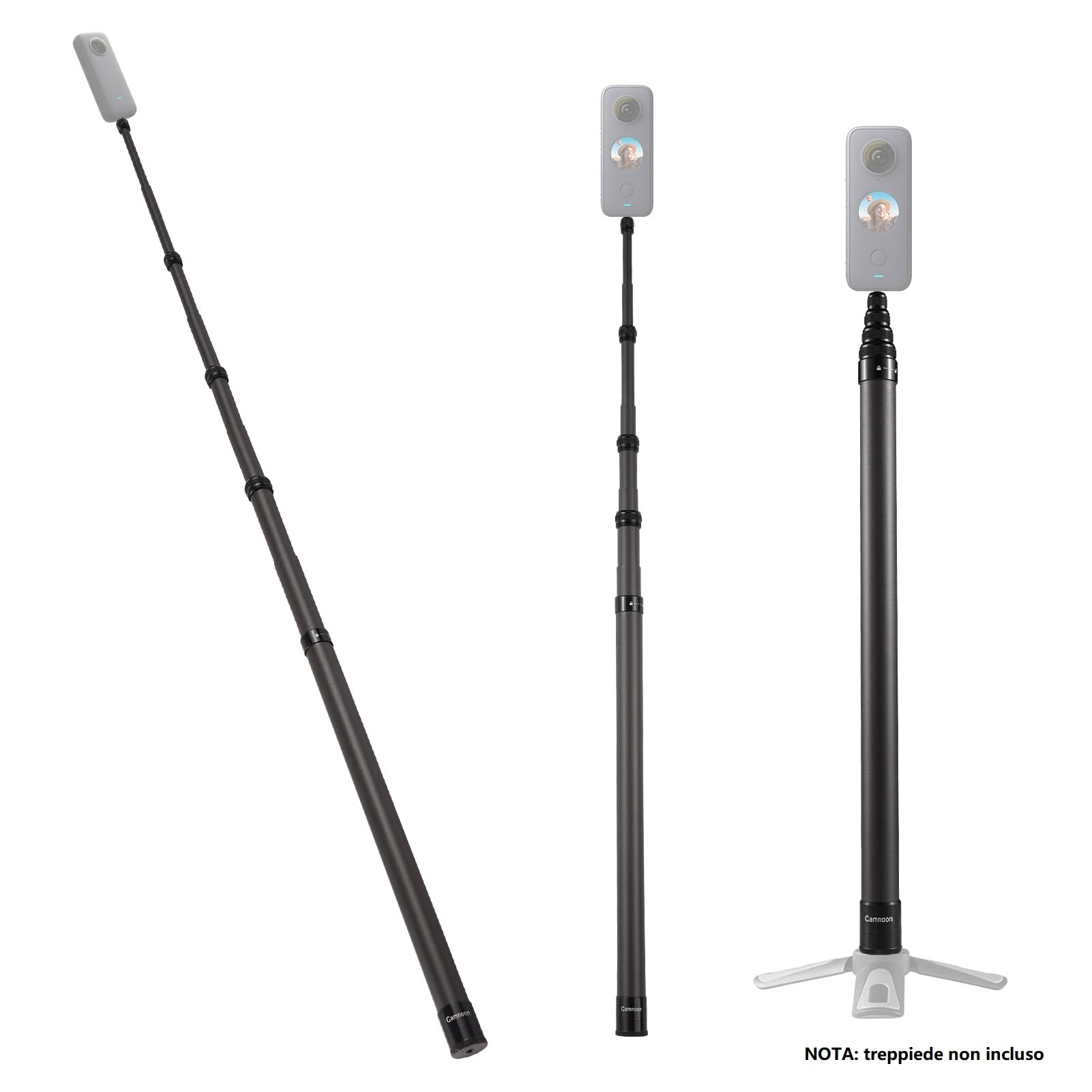 3 Metro Bastone Selfie Invisibile per Action Cam, Camnoon Monopiede Palo Telescopico Asta Selfie Stick Carbonio Antiscivolo 262G con Blocco Rotante Stabile, Sacchetto di Stoccaggio in Velluto a Coste