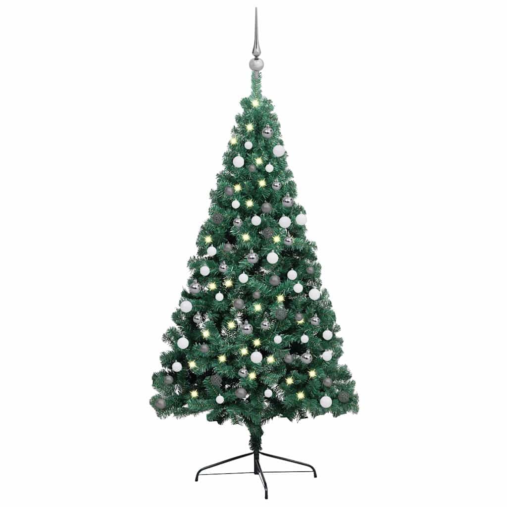 Semi Albero di Natale Artificiale 150cm Verde con 150 LED Illuminazione 340 Punte Incluse Palline Da Parete Realistico