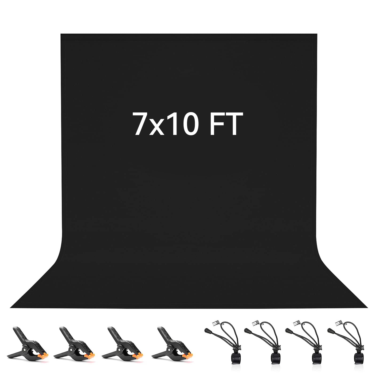 2 x 3 M/ 7 x 10 FT Black Backdrop, Vevelux 100% Polyester Photography Background with 4 Spring Clamps & 4 Anti-Wrinkle Backdrop Clips Foldable Washable for Studio Photo Video Shooting