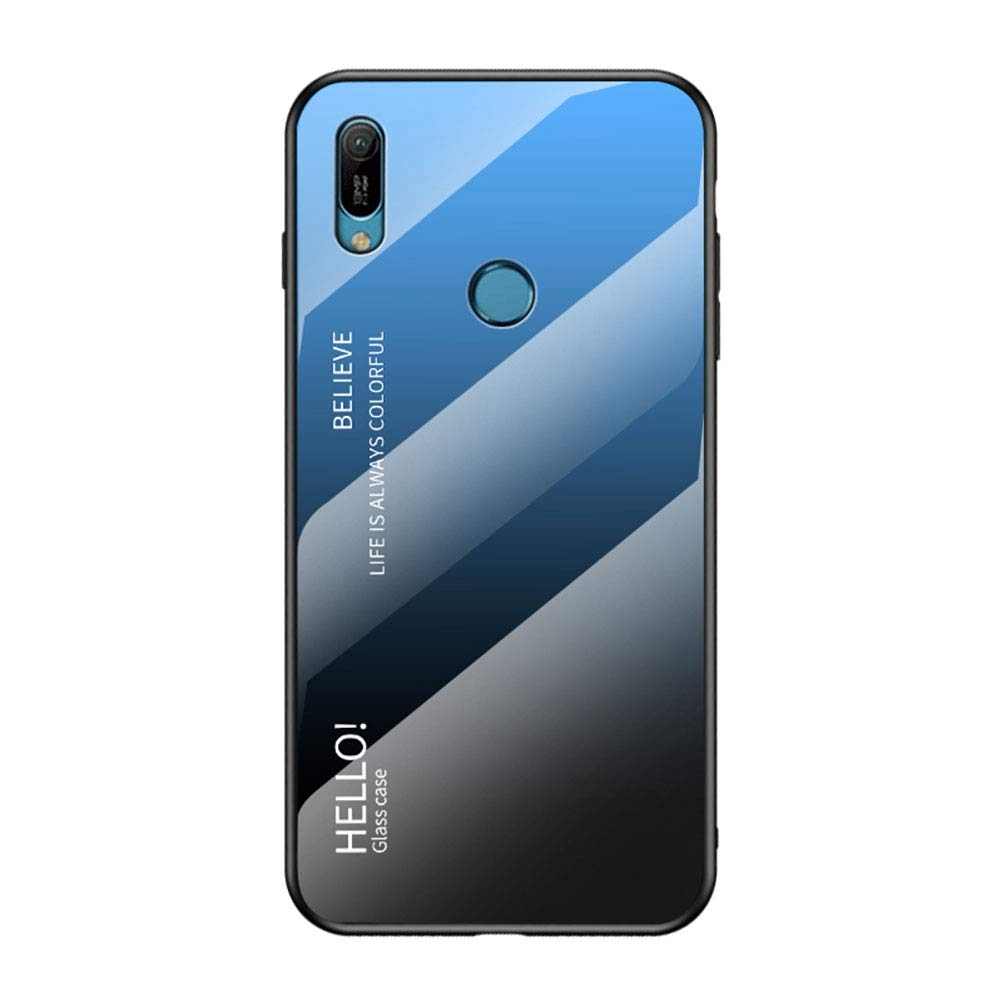 YEESOON Huawei Y6 (2019) Case, Fantastic Gradient Change Color Case Tempered Glass Backplane Soft TPU Bumper Back Cover for Huawei Y6 (2019) - Blue+Black