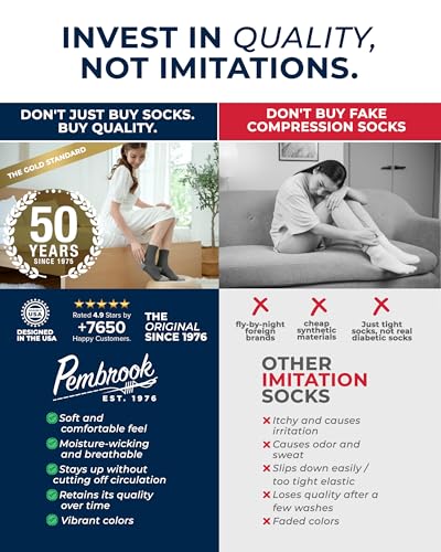 Image of Pembrook Ankle Diabetic Socks for Women & Men | 6 Pairs | Wide Non Binding Socks Quarter Length | Edema Neuropathy Socks
