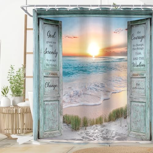 Riyidecor Inspirational Quote Shower Curtain for Bathroom Decor 72Wx72H Ocean Beach Teal Barn Door Hawaiian Sunset Scenery Sea Wave Rustic Art Printed Fabric Polyester Waterproof 12 Pack Plastic Hooks
