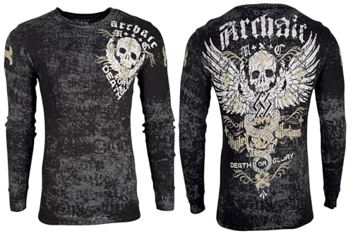 Archaic By Affliction Men's Thermal Shirt Tramp, Long Sleeve, Black, Skull and Wings Graphic Design (US, Alpha, X-Large, Regular, Regular, Black (Tramp))