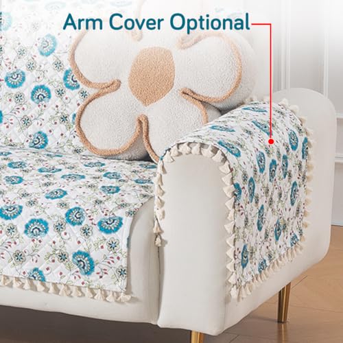 Image of HOKIPO Cerulean Bloom Quilted Sofa Cover for 2 Seater with Tassels for Seat & Back, 'Tassel Twigs' Series (IN-990-T6)