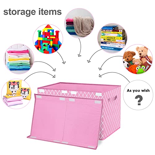 VERONLY Aufbewahrungsbox Spielzeugkiste mit deckel Kinder, Spielzeug Aufbewahrung mit Griffen, Faltbox Korb für Kinderzimmer, Kleidung, Schlafzimmer (Rosa Karo)