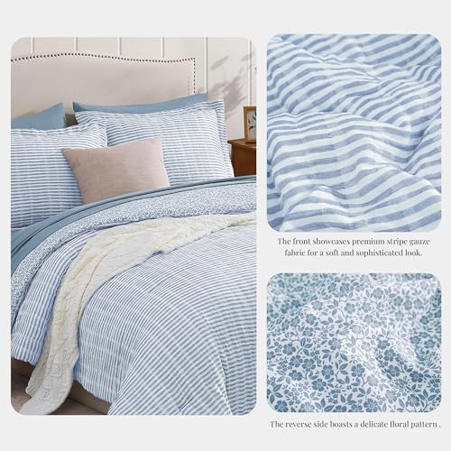 King Comforter Set - 7 Pieces Blue Gauze Muslin Bedding Sets for All Seasons, Lightweight Breathable Bed in a Bag King with Revesible Farmhouse Comforter, Sheets, Pillowcases & Shams