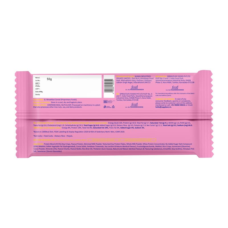 Image of Yogabar Crunch Dark Chocolate Protein Bar | No Added Sugar | 10g Protein | High Fibre | Gluten Free Snack | 50g each, Pack of 1