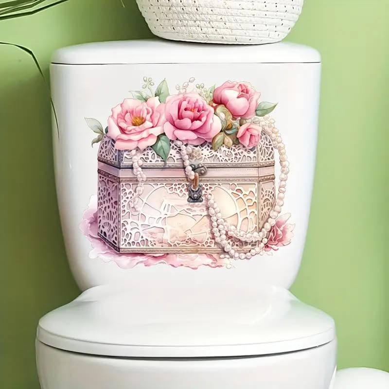 Treasure Box Rose Treasure Box Rose Series Pattern Toilet Cover Sticker Decals,Fish Bird Flower Leaf Waterproof Toilet Lid Tank Seat Decals Cistern Self-Adhesive Bathroom Wall Sticker