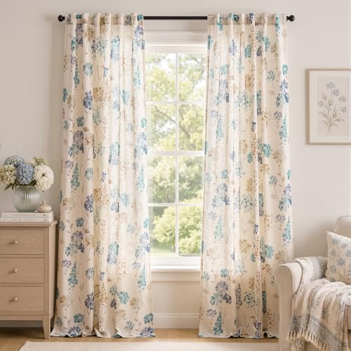 Image of jinchan Floral Linen Curtains 96 Inch Vintage Cottagecore Back Tab 2 Panels