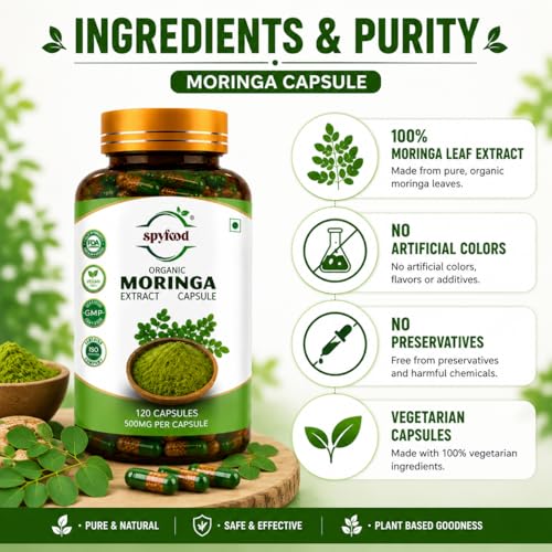 Image of SPYFOOD Organic India Moringa Extract Capsules - 120 Veg Caps, Essential Nutrition Superfood, Helps Naturally Boost Energy Level, Improves Stamina, Rich In Vitamins & Minerals, GMP & NPOP Certified Organic
