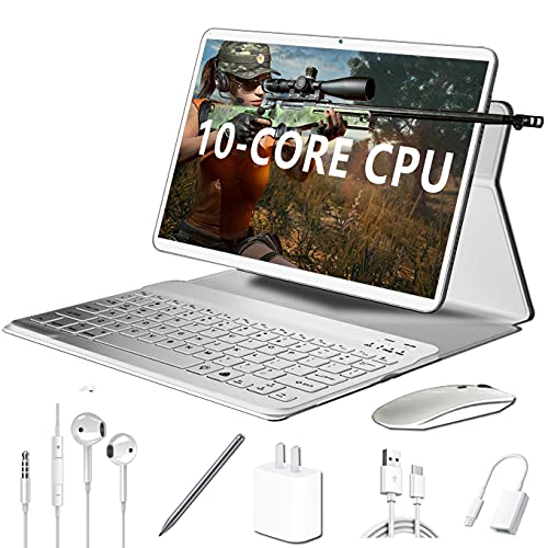 10 inch Ten-Core Tablet, 6GB RAM, 128GB Storage, 1080P Full HD Display, Android 10.0 OS, 13MP Rear Camera, Bluetooth 5.0, Wi-Fi, GPS, Game，Office，with Keyboard，Silver2021 New