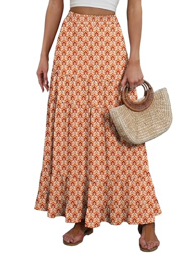 Image of ANRABESS Womens Maxi Skirt Elastic High Waist Swing Tiered A-line Flowy Pleated Boho Beach Vacation Long Skirts