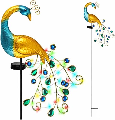 Solar-Powered Peacock Garden Light, 40 Multicolor LEDs, Metal, Sensor, Adjustable Panel, Ground Stake, Outdoor Decorative