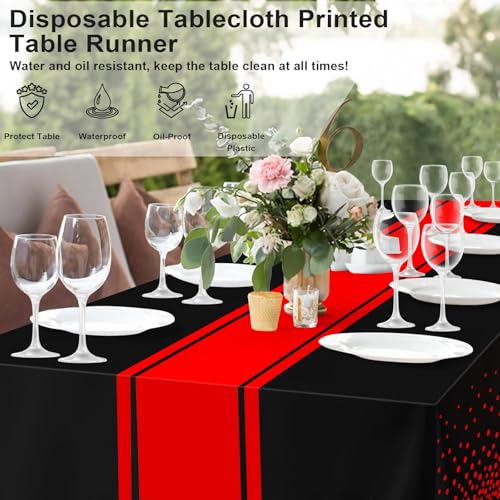 Image of 6 Pack Black and Red Tablecloth Party Decorations Plastic Black Tablecloth Printed Red Table Runner 54 x108 Inch Disposable Rectangle Table Cover for Birthday Wedding Graduation