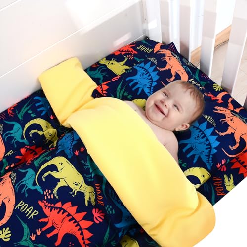 Image of Cloele 3 Piece Crib Bedding Set for Boys,Dinosaur,Quilt,Sheet&Pillowcase | Include Soft Baby Comforter,Breathable Fitted Sheet & Pillowcase,Navy Blue Nursery Baby Bedding for Boys