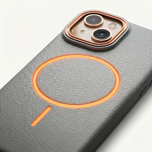 Image of amazon basics Luxury MagSafe Compatible Leather Texture Back Cover for iPhone 13 | Raised Camera Protection | Slim Fit Shockproof Case with Metallic Accents (Gray)