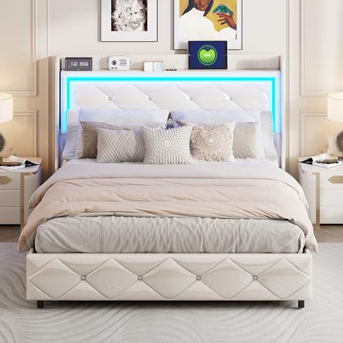Quiaviank Cama tapizada de 160 x 200 cm con base de carga USB e iluminación LED, estructura de cama doble con espacio de almacenamiento, cama hidráulica con cabecero y somier de madera, sin colchón