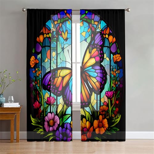Odot Rideau Voilage Semi Occultant Salon, Motif Papillon 3D Rideaux Voile Fenetre avec Passe Tringle 2 Pieces Rideaux Semi Transparent pour Décoration Chambre...