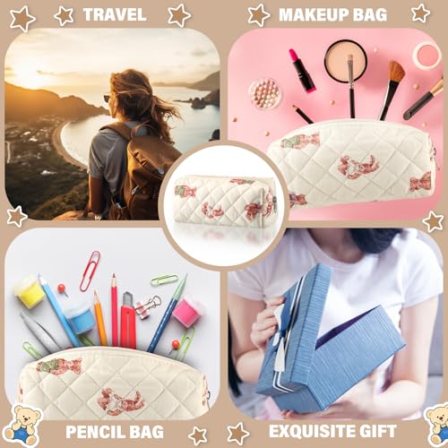 Image of Sherr Bear Pencil Case Beige Cute Pencil Pouch Soft Cotton Quilted Storage Bag Aesthetic Pattern Gift Makeup Pouch Cosmetic Travel Bag for Women