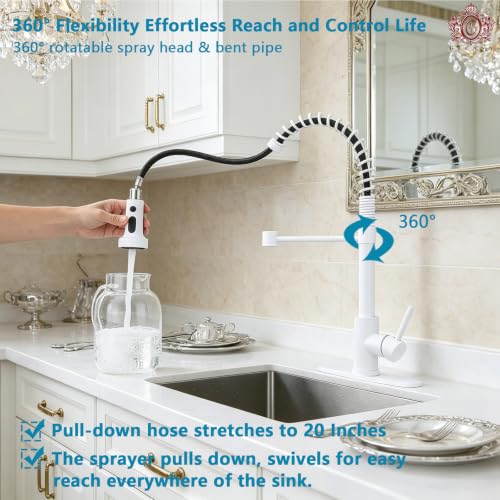 Image of Kitchen Faucet - Pull Down Sprayer,High arc Commercial Stainless Steel Kitchen Sink Faucet White
