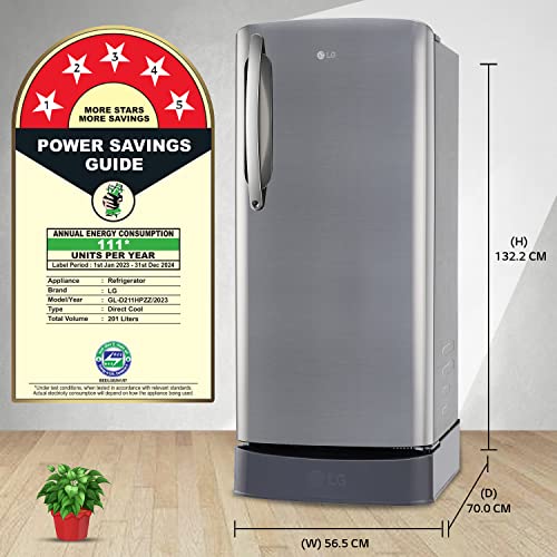 Image of LG 201 L 5 Star Inverter Direct-Cool Single Door Refrigerator Appliance (GL-D211HPZZ, Shiny Steel, Base stand with drawer & Smart connect, Gross Volume- 204 L)
