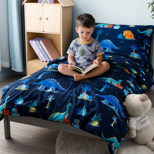 Image of david's kids 4 Piece Toddler Bedding Set - Soft Breathable Toddler Bedding Set for Boys Girls, Includes Quilted Comforter, Flat Sheet, Fitted Sheet and Pillowcase, Dinosaur Navy