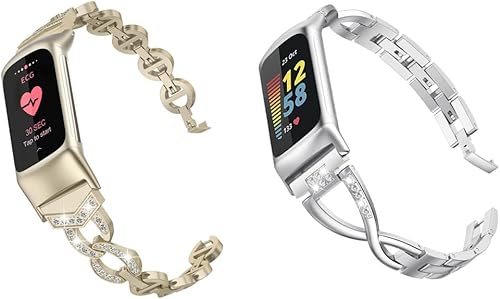 Wearlizer Compatible con Fitbit Charge 5, paquete de 2 correas para mujer, correas de repuesto brillantes Charge 5 bandas (oro suave/plateado)