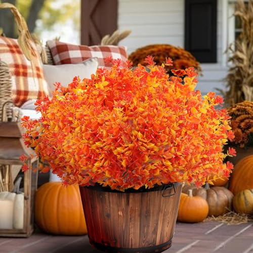 Satefello Artificial Fall Flowers for Outdoors, 10 Bundles Faux Flower UV Resistant Fall Fake Mums Plants for Outside Halloween Christmas Porch Decoration Fall Decor(Orange(Eucalyptus)) - image 6