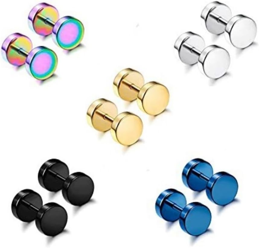 5 Pairs Stud Earring Unisex Simple Flat Back Ear Piercing Ear Plugs Tunnel Fake Gauge Earrings for Men Women