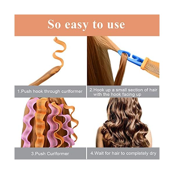 64Pcs Hair Curlers Spiral Curlers No Heat Curlers Curly Wavy Hair Curlers Spiral Hair Curls Styling Kit 2 Style Magic Hair Curler Spiral Hair Curlers with 2 Pieces Styling Hooks （45CM)