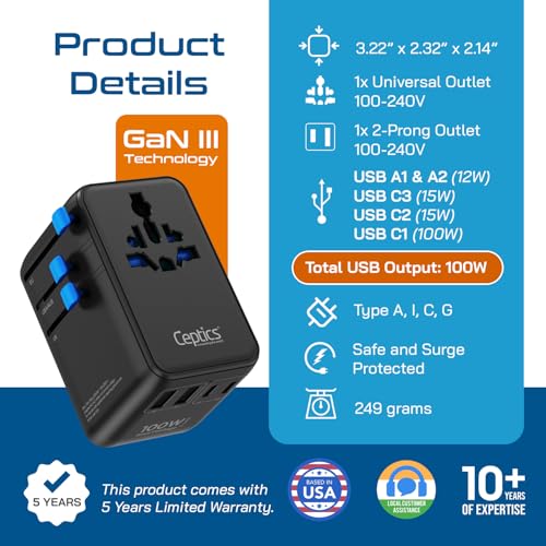 Image of Ceptics 7 in 1 Universal Travel Adapter with 100W Retractable USB-C Cable, Universal and Japan Socket Input, 2 Type A & C Ports, for Laptop /MacBook - Global Compatibility, 5-Year Warranty, Black