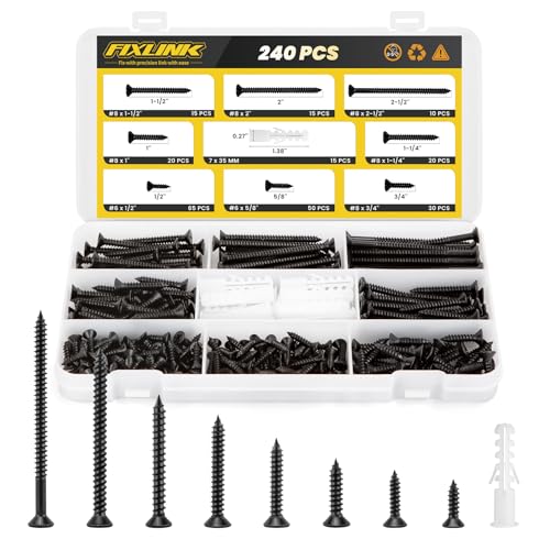 Kit d'assortiment de vis en bois, FIXLINK 240 PCS Ensemble de vis à tête plate haute dureté, vis à entraînement Phillips, contenant 15PC Ancrage à parois sèches et 8 Taille (2-1/2,2”,1-1/2,1-1/4,1”,3/4,5/8,1/2,), noir