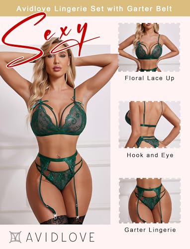 Image of Avidlove Women Lingerie Set Lace Teddy Strap Babydoll Bodysuit with Garter Belts